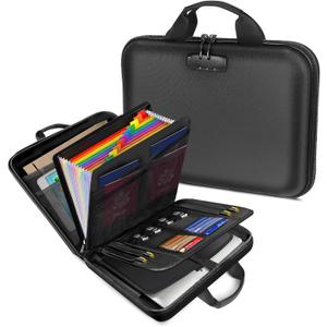 Fireproof Document Box with Lock, Hard-Shell Case Important Document Organizer with 13 Pocket Accordion File Folder, Portable Office Home Travel Safe Storage for Laptop, Paperwork and More