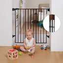 Babelio 34" Extra Tall Baby/Dog Gate with No Threshold Design Walk Thru Door, 26-43" Auto Close Safety Gate for Babies, Elders and Pets, Fits Doorways, Stairs, and Entryways, Black Wood Pattern