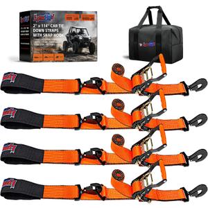 2'' x 114'' Heavy Duty Adjustable Car Tie Down Straps with Snap Hook for Trailers, 10,000 lbs Break Strength, Axle Tire Ratchet Straps with Snap Hooks for Hauling UTV, SUV, Truck, Any Cars - Orange