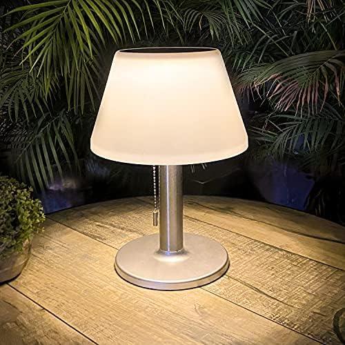 shumi Solar Table Lamp Outdoor Indoor - 3 Lighting Modes, Eye-Caring LED Waterproof Cordless Solar Desk Lamp with Pull Chain for Outside Patio Garden Bedroom Living Room (White Modern Decor)