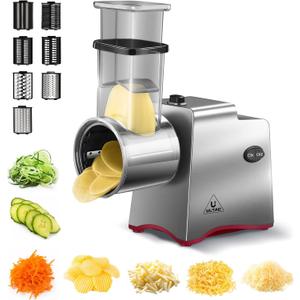 Electric Cheese Grater for Block Cheese, 250W Powerful Cheese Shredder with 7 Interchangeable Blades, Rotary Cheese Grater for Vegetables, Fruits, and Salad Making (Silver)