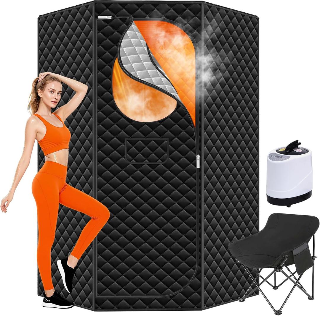 Portable Sauna for Home - Upgraded Personal Home Sauna Box with 3L 1300W Steamer, Big Folding Chair, 9 Levels Heat, Timer, Remote Control - Large Size Steam Room Saunas Tent for Relaxation & Spa Black
