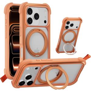 MAGEASY Compatible with iPhone 17 Pro 6.3" Case with 360 Rotatable Stand - 20ft Ultimate Drop Protection, Compatible with MagSafe, Embedded Aluminum Frame | Odyssey Stand M (Coral)