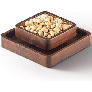 FANATU Wood Pistachio Snack Bowl with Shell Storage, Double Dish Holder Nut Bowl Pedestal for Sunflower Seed, Peanut, Cherries, Edamame (Walnut)