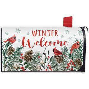 FBCOO Winter Welcome Cardinal Mailbox Cover Magnetic Standard Size 21" x 19", Red Birds Pine Needle Pine Cone Decorative Post Letter Box Wrap Decor, Christmas Red Berry Garden Yard Outdoor Decoration