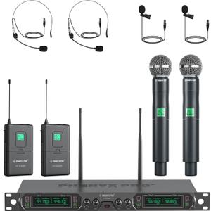 Phenyx Pro Wireless Microphone System, 4-Channel UHF Wireless Mic Set with Handheld/Bodypack/Headset/Lapel Mics, Fixed Frequency Metal Cordless Microphone for Church,Singing,DJ(PTU-5000-2H2B)