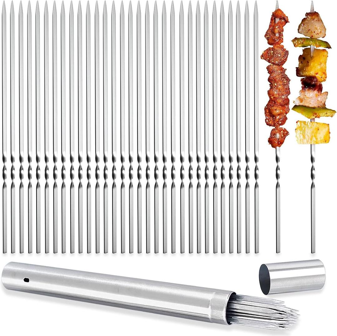 Metal Skewers for Grilling, 50 Pack 14.8" Kabob Skewers, Flat BBQ Barbecue Skewer, Reusable Grilling Skewers Set with Portable Storage Tube for Commercial and Home Use