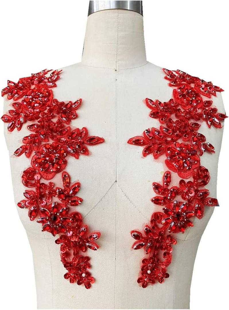 Zbroh Handmade red/White//Green/Blue Rhinestones Applique Sewing Beads Stones Trim lace Patches Accessory for Dress Clothes one Pair (Red)