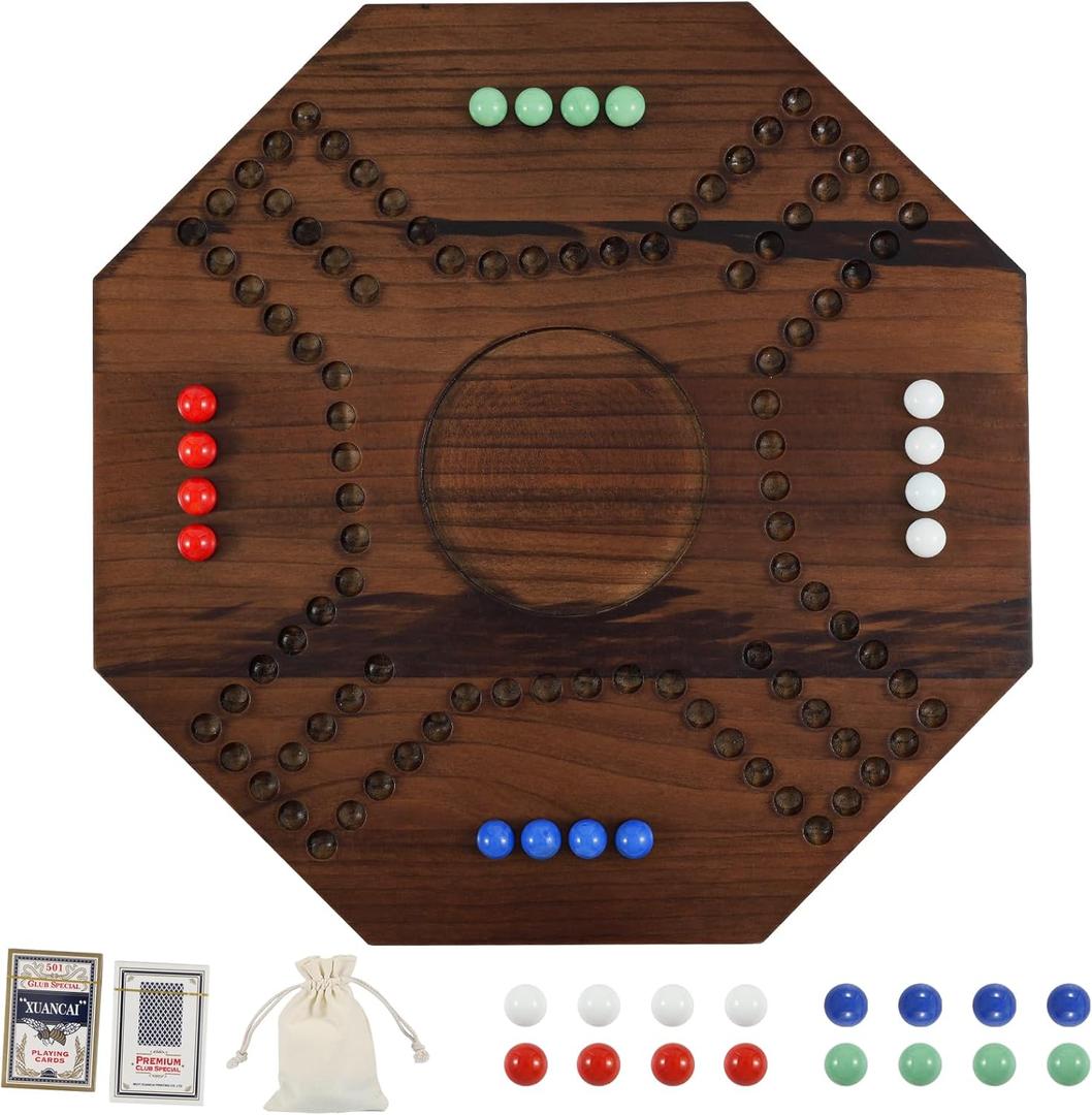 Middle East Marbles and Jokers Board Game Solid Wood Marbles and Card Game for 2-4 Players Game Board Wooden Integrated (Burnt Color)