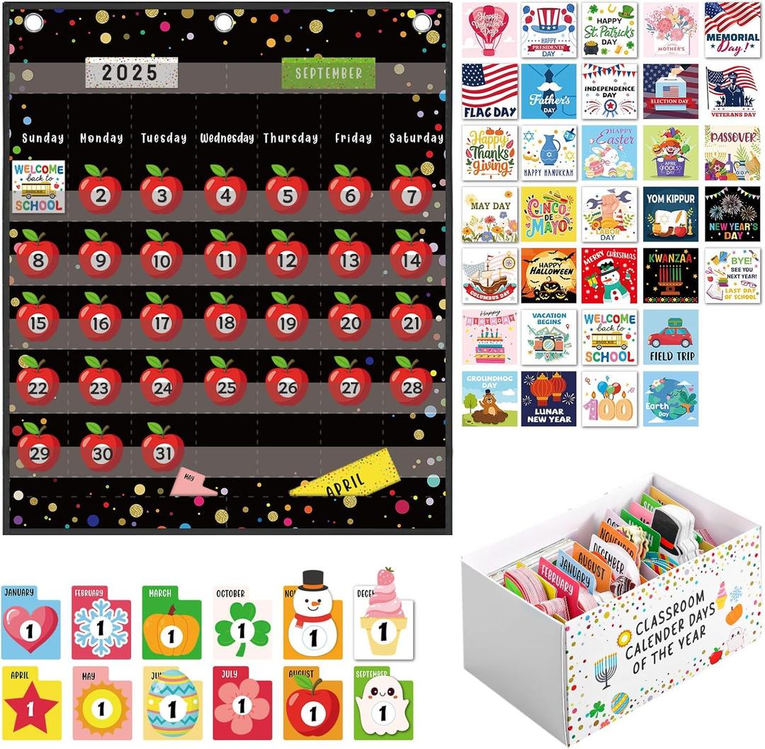 439 Pcs Classroom Calendar Number Days of The Year Set with Confetti Pocket Chart Storage Box and Cards Calendar Numbers for Classroom Bulletin Board School Elementary Learning Activity