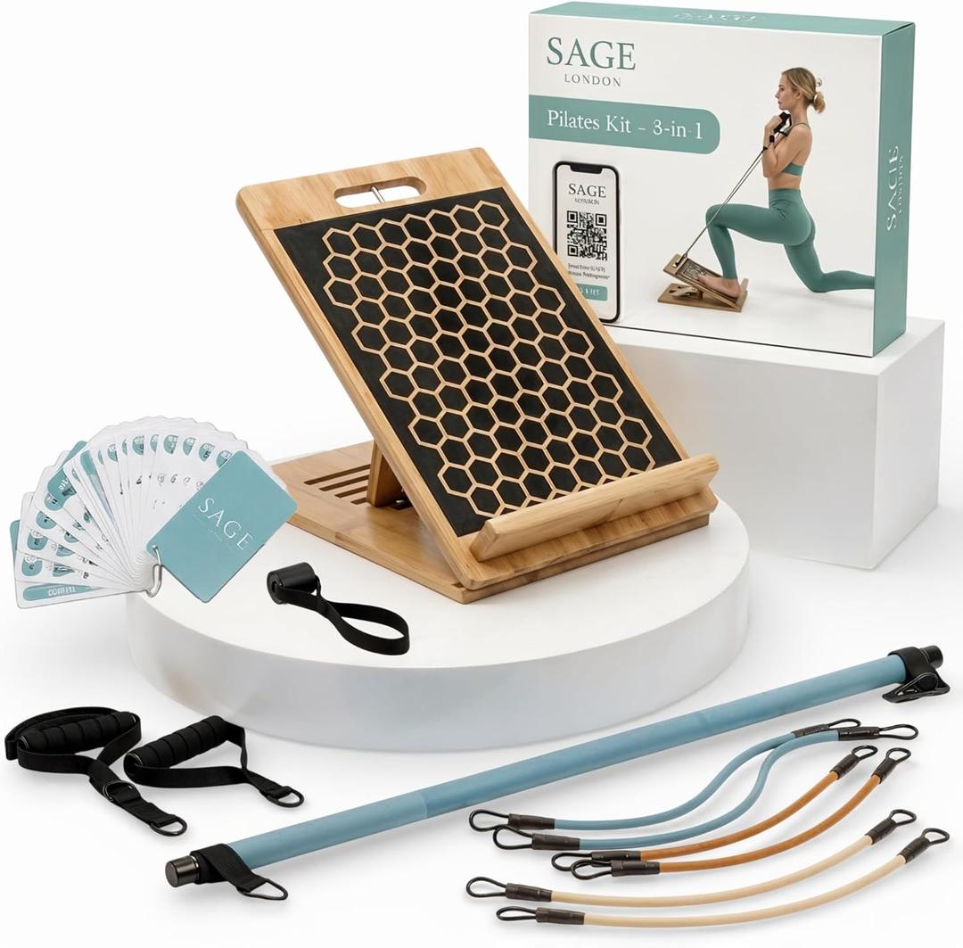 Adjustable 3-in-1 Pilates Kit with Bamboo Slant Board - Home Workout System with Bar & Resistance Bands - 54 Workout Cards + Follow-Along Videos - Mobility & Strength
