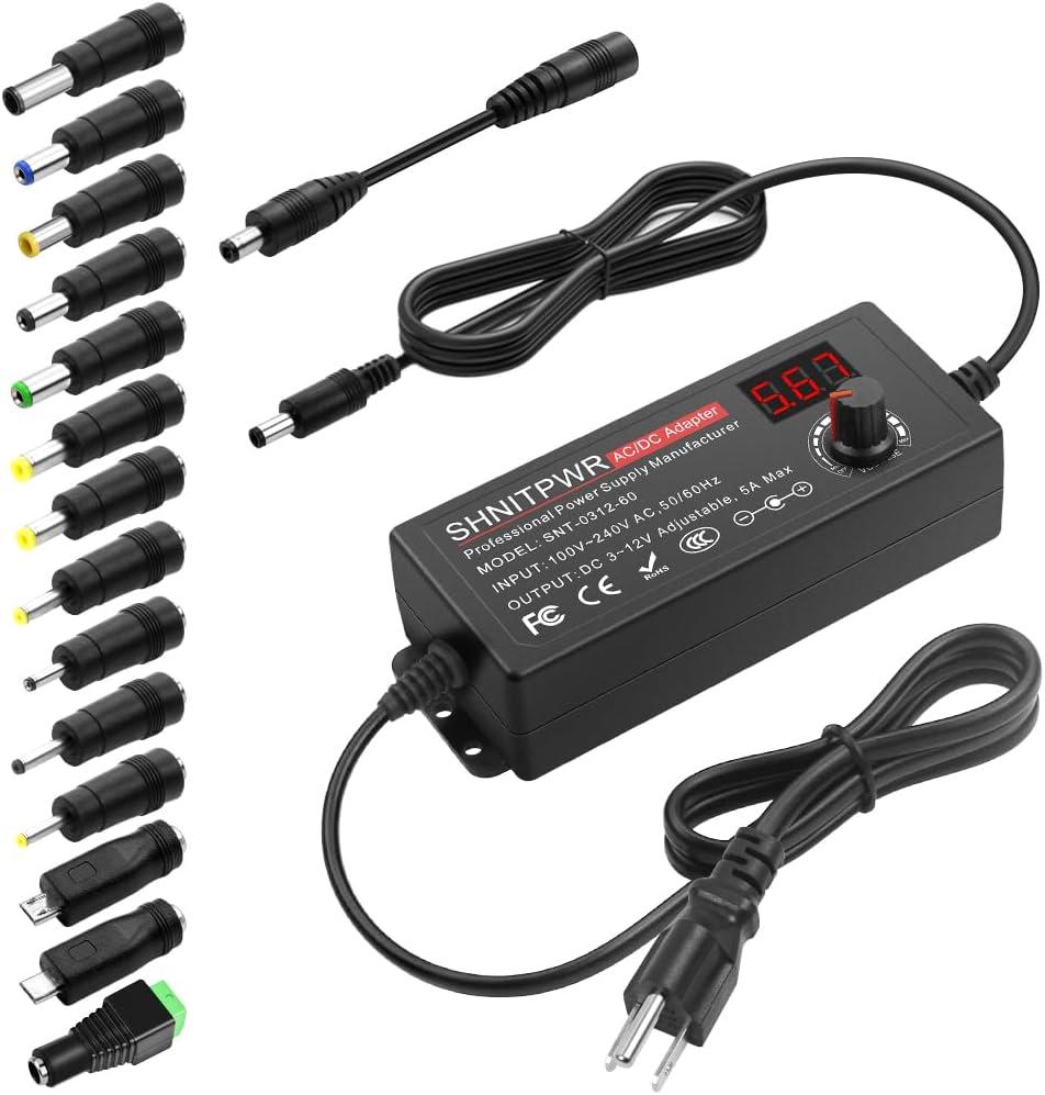 SHNITPWR 60W Universal Power Supply DC 3V 4V 4.5V 5V 6V 7V 7.5V 8V 9V 10V 11V 12V Adjustable Variable Power Adapter 100V-240V AC to DC Converter 1A 2A 2.5A 3A 4A 5A with 14 Tips & Polarity Converter