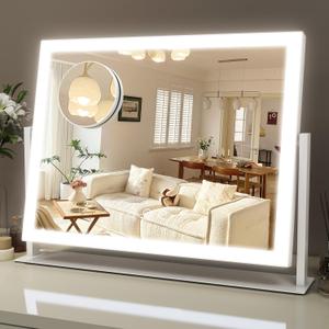 Lighted Makeup Mirror, 16.3"x12.6" Hollywood Vanity Mirror with Lights, 10X Magnification, 3 Color Lighting Modes, Smart Touch Control, 360 Rotation for Bedroom or Tabletop (White)