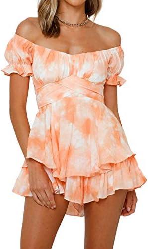 Fixmatti Women Boho Romper Off Shoulder Ruffle Chiffon Shorts Jumpsuit Playsuits Small, Tie Dye 