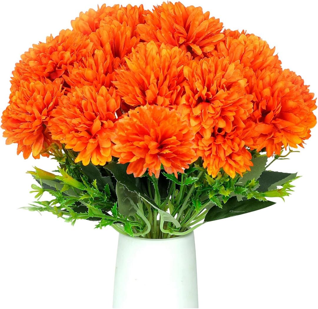 4Pcs Artificial Fall Flowers with 6 Heads Each, Fake Silk Chrysanthemums Orange Marigold Ball Flower Fake Mums for Autumn Dia De Los Muertos Day of The Dead Home Decor Outdoors Indoor