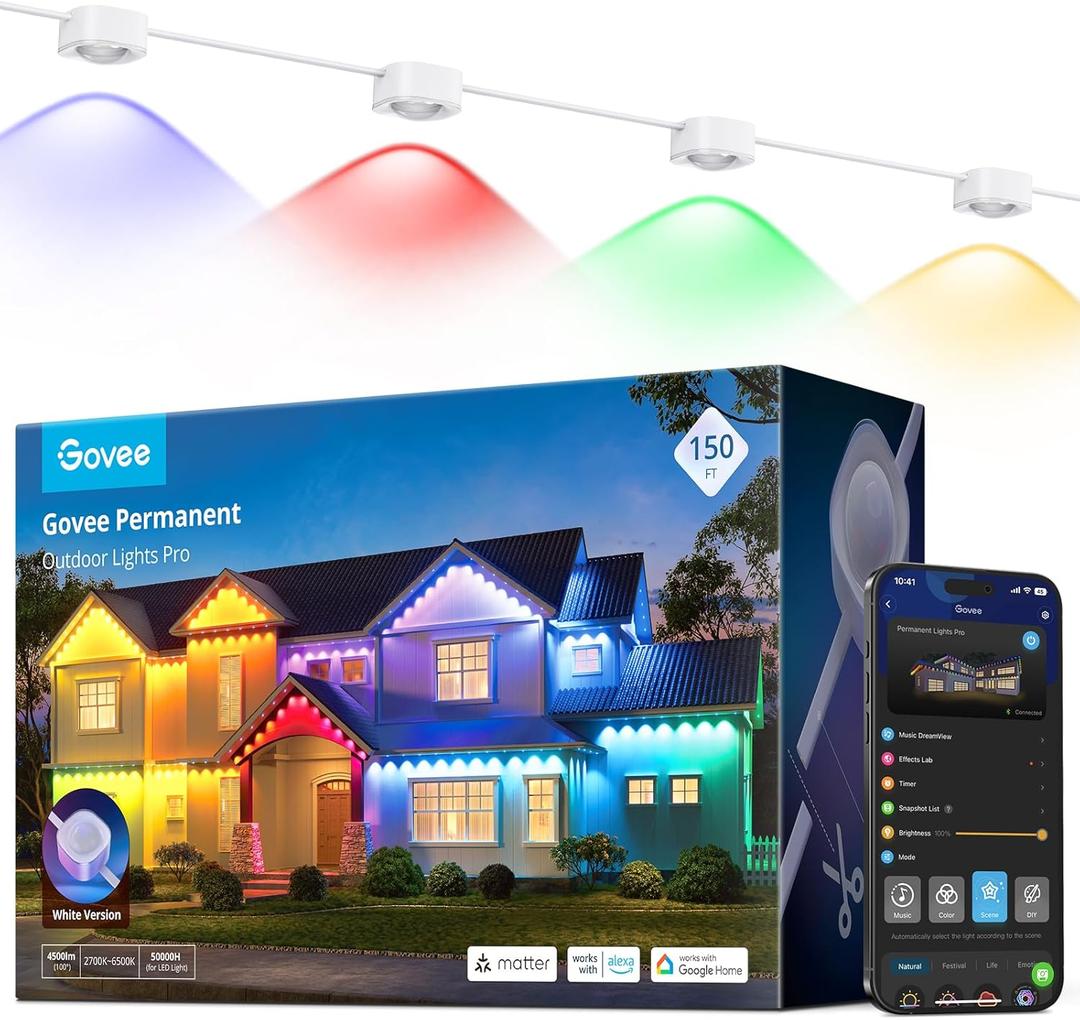 Govee Permanent Outdoor Lights Pro, 150ft with 90 RGBIC LED Lights for Daily and Accent Lighting, 75 Scene Modes for Outdoor Decor, IP67 Waterproof, Works with Alexa, Google Assistant, Matter, White