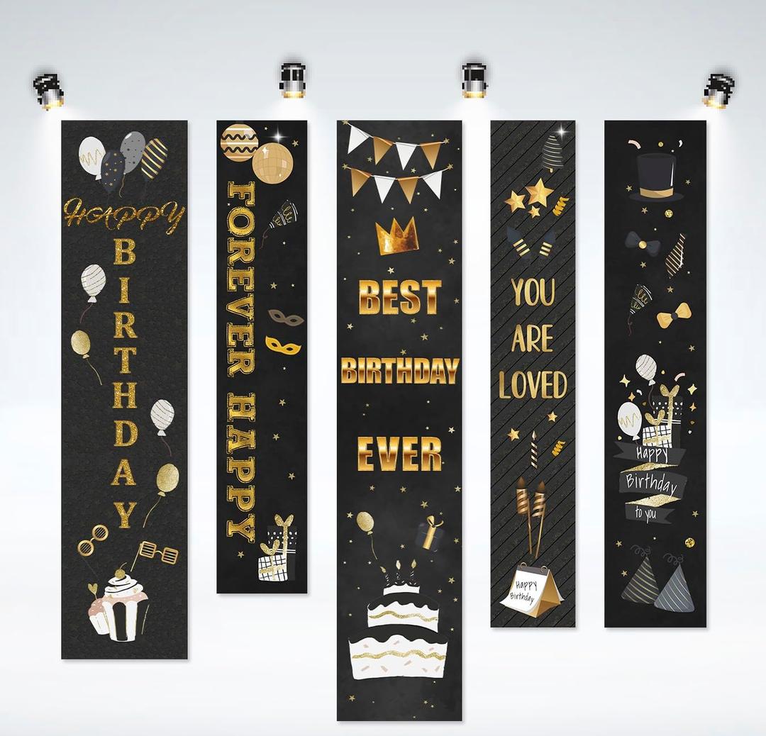 "Black Gold Happy Birthday Party Decorations - Hanging Banner Set, Birthday Banner for Women Men Boy Girls, Bday Party Sign"