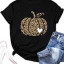 Hello Fall Shirts for Women Leopard Pumpkin Graphic T-Shirts Funny Thanksgiving Gifts Tee Tops (XX-Large, Black)