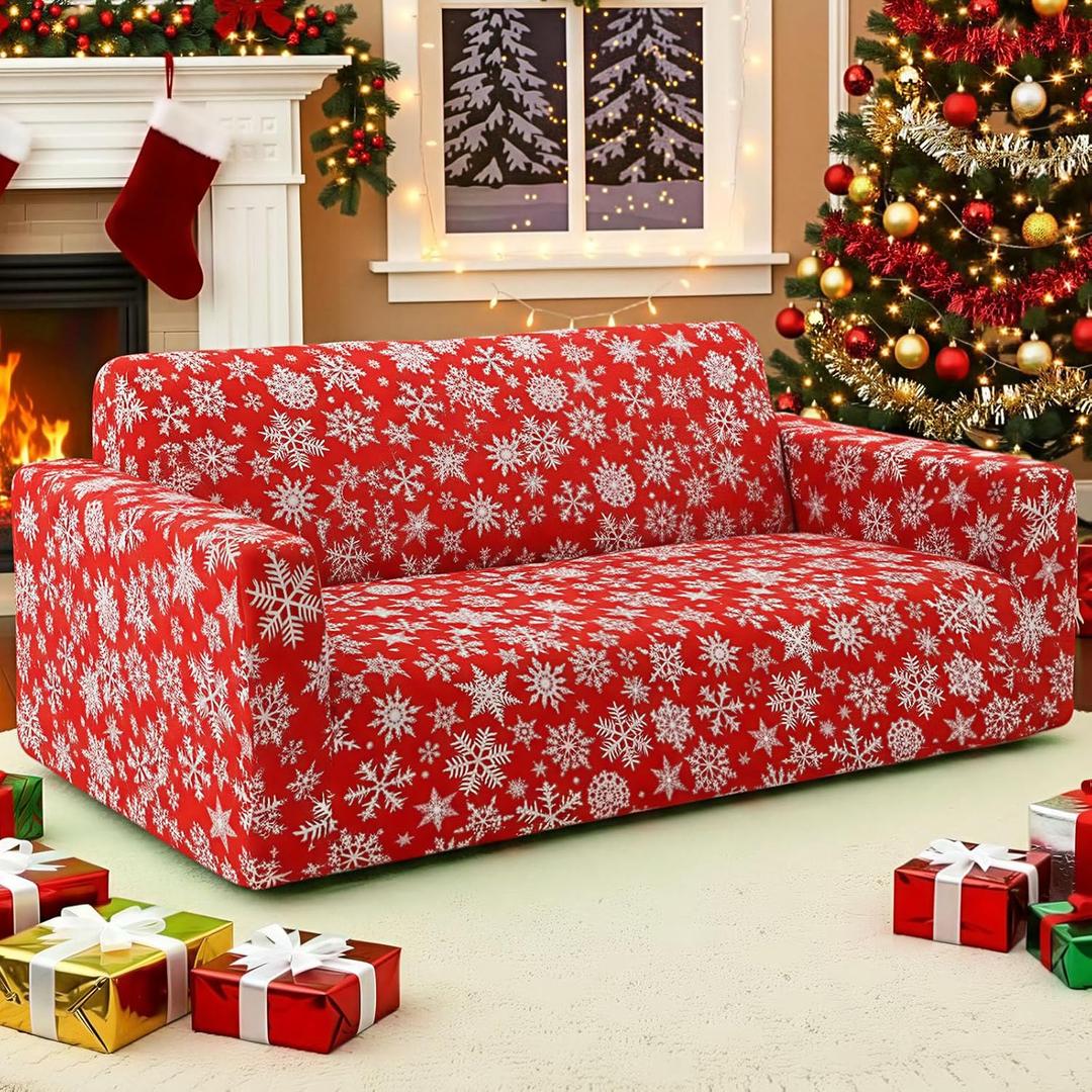 Christmas Sofa Cover for 3 Seaters Snowflakes Sofa Slipcover Stretch Couch Cover with Elastic Bottom for Home Living Room Christmas Decoration (63 x 77 Inch)