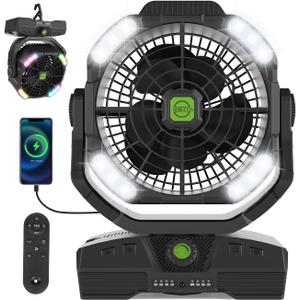 RUNTOP 20000mAh Camping Fan, Oscillating High Speed Rechargeable Battery Operated Fan w/RGB Light,Remote,Hanging Hook, Outdoor Portable Fans Battery Powered Personal USB Desk Fan for Tent, Travel (Black)