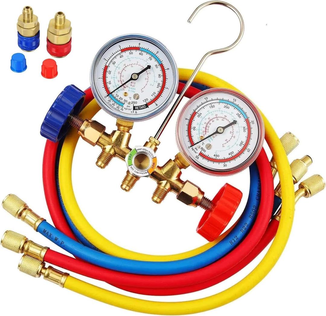 R134A Manifold Gauge Set,3 Way AC Diagnostic Manifold Gauge Set for R134a R12 R22 R404a Refrigerant,Automotive AC Gauge Set with 3Ft Charging Hoses and R134a Quick Coupler