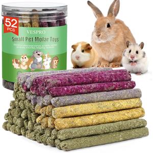 52Pcs Rabbit Chew Sticks, Guinea Pig Toys, Natural Timothy Grass Molar Teeth Stick, Mixing Flowers, Roses, Calendula and Forget Me Not, Small Animals Treats