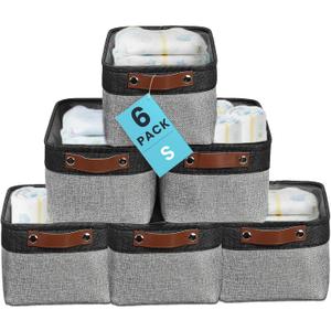OrganiHaus Small Fabric Storage Baskets for Shelves 6 Pack, 12x8in Closet Storage Bins for Shelves, Cloth Baskets for Organizing, Linen Closet Organizers, Fabric Basket, Gray/Black