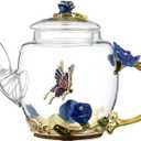Safe Durable Floral Glass Teapot with Gold Leaves Edge Colourful Flower Pattern Floral Vintage Teapot Tea Party Set (Blue)