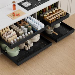 PAKETA 4 Pack Expandable Pull Out Cabinet Organizer, 21'' Deep Pull Out Drawers for Cabinets, Upgrade 3 Slide Rails Sliding Drawers for Cabinet with Adhesive Nano Film (Black, 21"D X 15-26"W