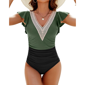 Blooming Jelly Womens Tummy Control Bathing Suits Slimming Ruffle Swimsuit One Piece Lace Swimwear L, Black and Green