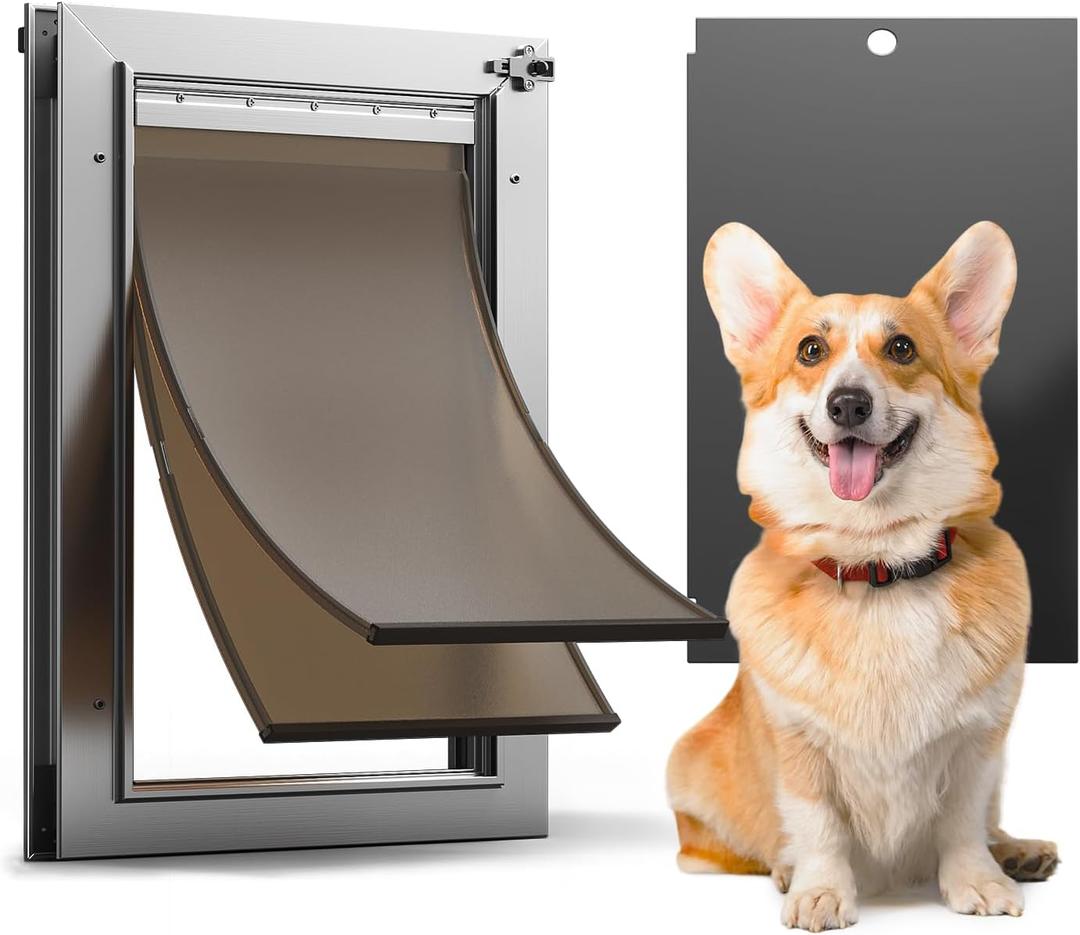 Dog Door All Aluminum Medium, Doggy Doggie Cat Door, Heavy Duty Pet Door for Install in Interior Exterior Doors or Wall, 2 Magnetic Flaps, Energy Efficient, Closing Panel for Pets Up to 45Lb