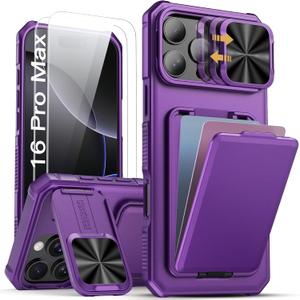 SSLOTSCASE for iPhone 16 Pro Max Case with 2X Screen Protector, Card Holder & Lens Cover & Hidden Kickstand, Silicone Edge Durable Protective Wallet Phone Cover for iPhone 16 Pro Max, Dark Purple