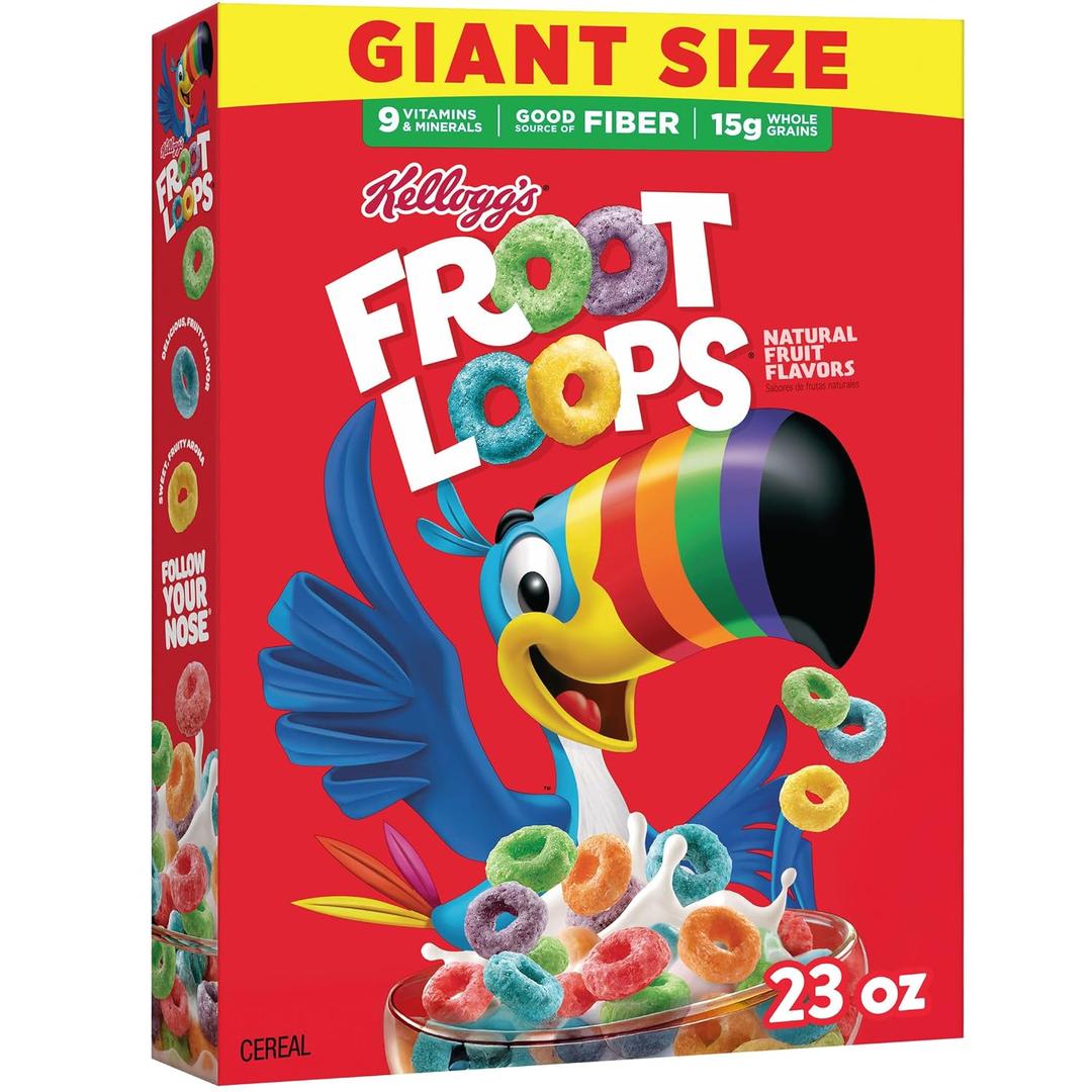 Kellogg's Froot Loops Breakfast Cereal, Good Source of Fiber, 15g Whole Grains, Giant Size, 23 oz (EXP 07/28/26)