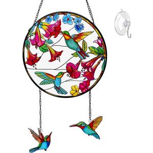 Stained Glass Suncatcher for Window, Marzovitra 8 inch Hummingbird Sun Catcher Hanging with Flowers & 2 Dangling Charms Real Glass Window Decor, Garden Hanging Art Gift for Women, Mom, Nature Lovers