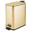 mDesign 1.3 Gallon Rectangular Slim Metal Trash Can w/ Foot Pedal, Easy-Close Lid, Narrow Wastebasket, Garbage Container Bin - Bathroom, Bedroom, Kitchen, Home Office, Removable Liner- Soft Brass