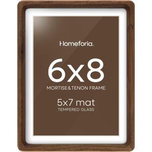 Homeforia 6x8 Picture Frame Brown Wood, Mortise & Tenon Dark Wooden 6 x 8 Photo Frames with Mat 5 x 7 for Wall or Tabletop, 6by8 Walnut Frame Matted to 5x7 inch Art, Tempered Glass, Wall Kit, Set of 1