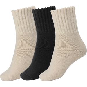 BomKinta Boot Socks for Women Winter Solid Thick Warm Socks Cozy Crew Socks Christmas Gift (Medium, Cream Cream Black -3 Pairs)