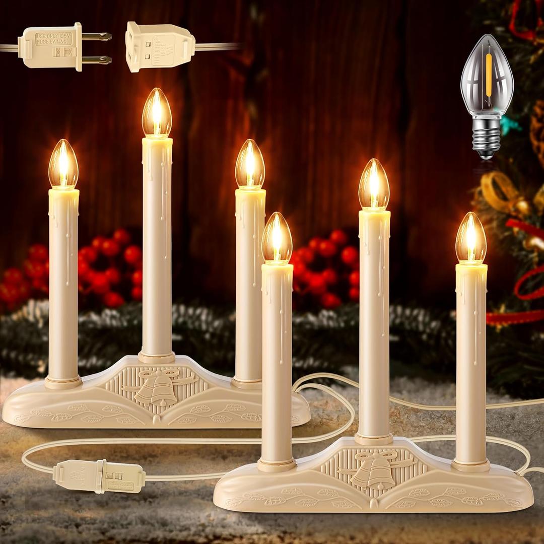 Meonum 2 Sets 3 Light Electric Window Candles Plug in Christmas Candle Light with C7 Bulbs, Ivory Christmas Candelabra with Switch, Charge Connector, Spare Bulb for Holiday Party Window Decor (LED)