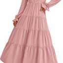 PRETTYGARDEN Long Sleeve Dress for Women Fall V Neck Tiered A Line Spring Elegant Modest Flowy Wedding Guest Maxi Dresses (Pink, S)