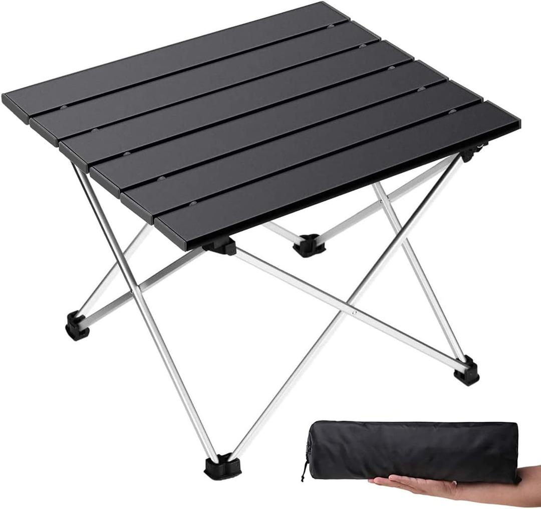 Grope Small Folding Camping Table with Aluminum Table Top, Beach Table for Sand with Carrying Bag, Perfect for Outdoor, Picnic, BBQ, Cooking, Festival (Large, Black)
