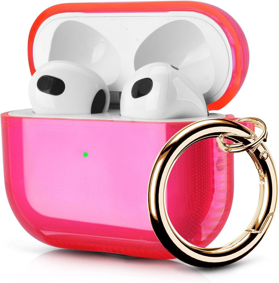 KOREDA Compatible with AirPods 3 2021 3rd Generation Case Cover, Soft Clear TPU Transparent Protective Shockproof Case Designed with Keychain (Neon Hot Pink)