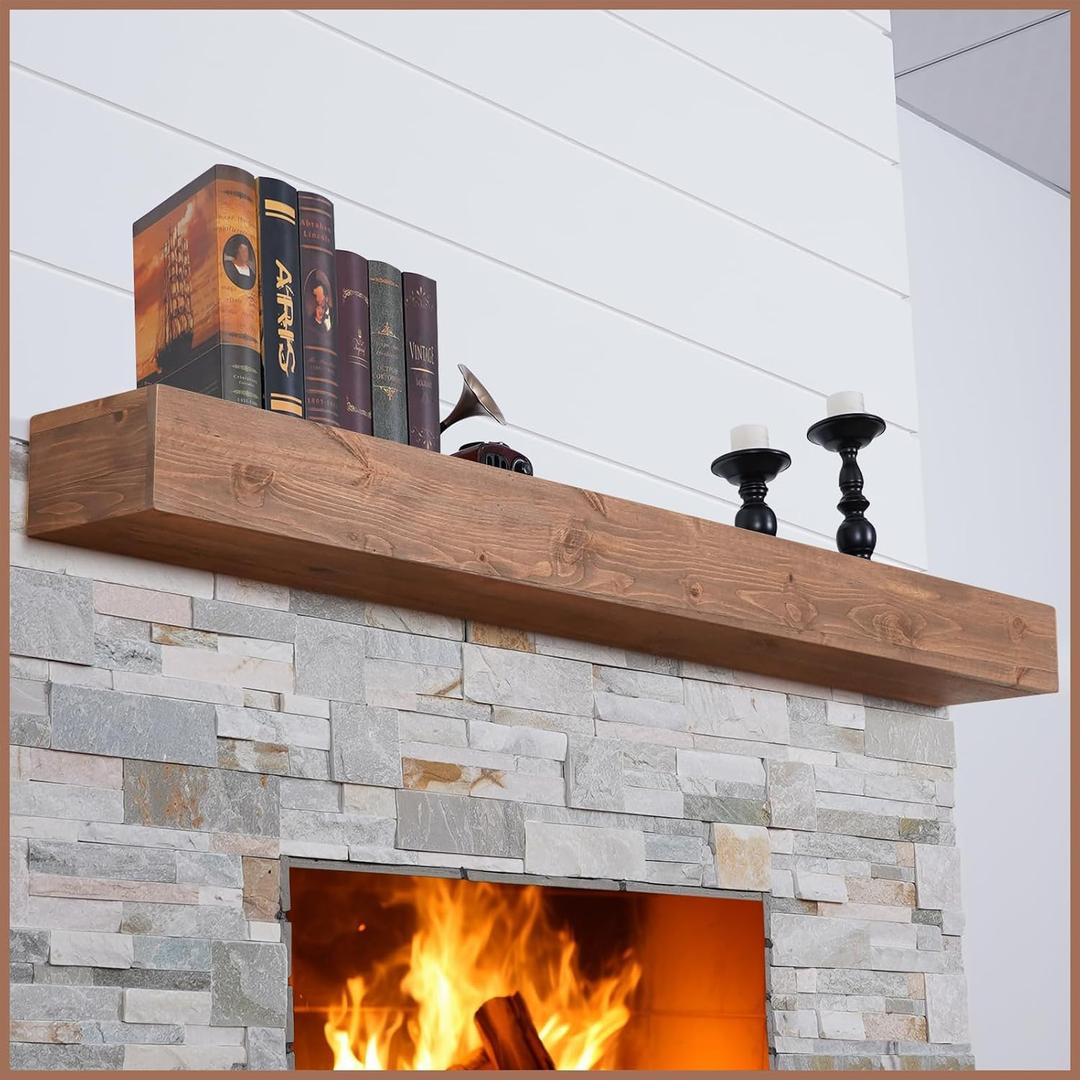 G GOOD GAIN 66'' Fireplace Mantel, 5'' Pine Wood Floating Shelf, DarkWalnut