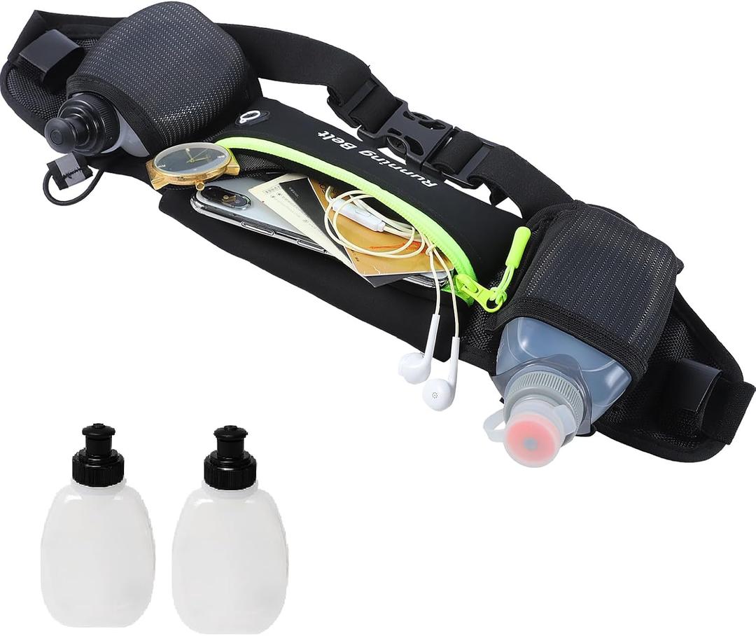 AXEN Running Hydration Belt - Adjustable Waist Pack for Marathon, Triathlon & Hiking | Reflective Safety Design & Phone Pocket, Come with Bottles