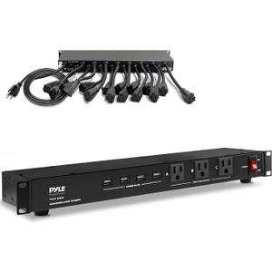 Pyle 19 Outlet 1U 19" Rackmount PDU Power Distribution Supply Center Conditioner Strip Unit Surge Protector 15 Amp Circuit Breaker 4 USB Multi Device Charge Ports 15FT Cord, Black - PCO865