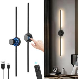 AHAWILL Battery Operated Wall Sconces Set of Two with Remote,Stepless 3CCT Dimmable, USB Rechargeable Wireless Wall Lamp,360Rotate Wall Lights for Bedroom,43.3inch (A Pair of Batteries)