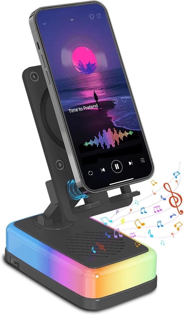 Wireless Induction Speaker with 180 Flexible Phone Stand, Bluetooth 5.3 Speaker for Desk with 3000mAh Emergency Power Bank, 5 in 1 Phone Speaker Amplifier with RGB Light, Gift for Men Women (Black)