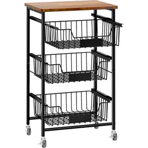 4-Tier Small Kitchen Storage Cart on Wheels, Metal Fruit Basket Stand with Pull-Out Baskets & Wood Top for Potato Onion Produce Snack Veggies