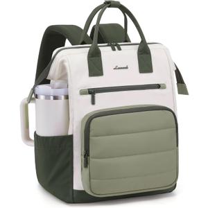 LOVEVOOK Puffer Laptop Backpack for Women, 15.6 Inch Work Backpack purse for Nurse Teacher, College Back to School Bookbag for Teen Girls, Personal Item Travel Bag Computer Daypack for Daily Commute (Green-Beige)