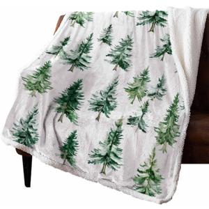 Christmas Sherpa Blanket Pine Tree Forest Sherpa Throw Blanket Soft Cozy Fuzzy Watercolor Green Fleece Flannel Plush Blankets Warm Throw Blankets for Couch Sofa Bed 50" x 60"