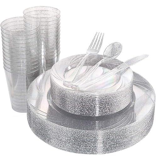 WDF 150pcs Silver Plastic Plates Disposable - Winter Wonderland Party Decorations include 50 Dinner And Salad Plates, 25 Forks, 25 Knives, 25 Spoons& 10oz Plastic Cups